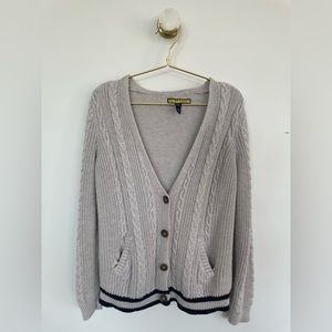 Prince & Fox Preppy Taupe Varsity Cardigan Sweater w/ Navy Stripes (Size M)